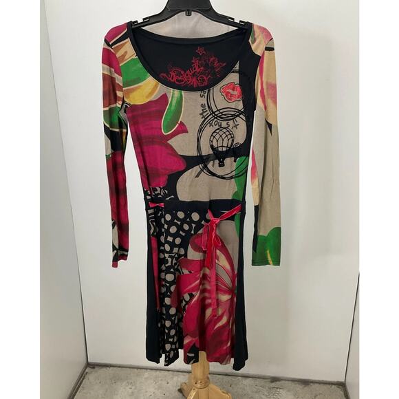 Desigual Multicolor Print Scoop Neck Velvet Detailed Long Sleeve Dress Sz. S - Picture 2 of 5